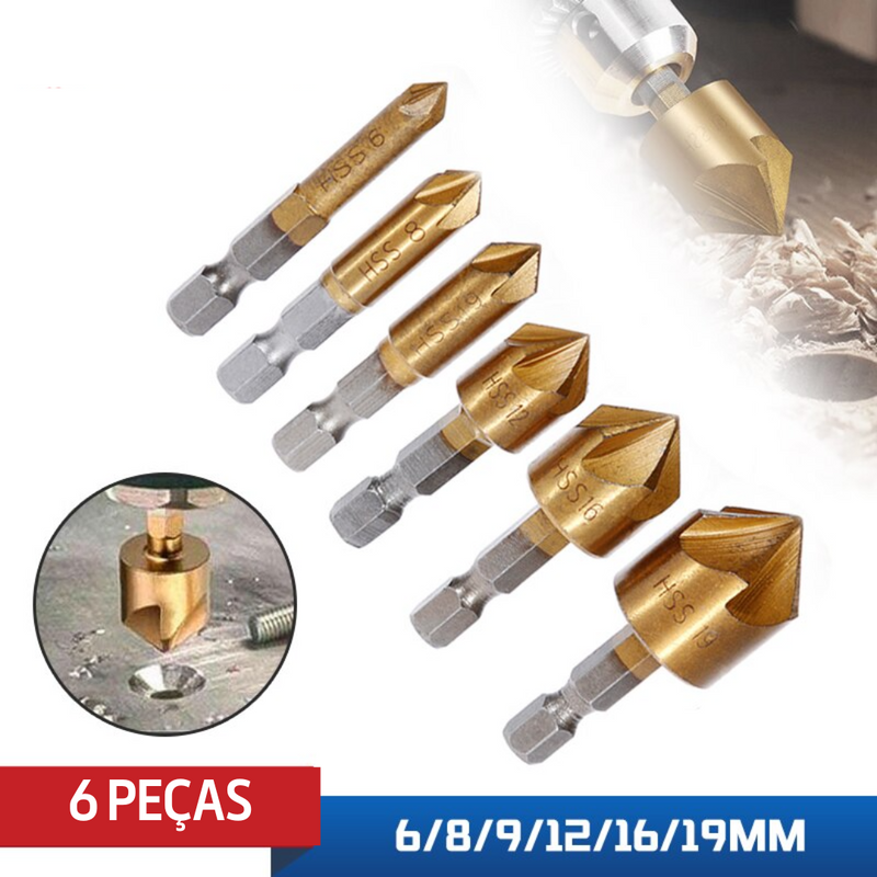 Brocas Escareadoras Para Chanfro Dourado | Kit com 6 Peças