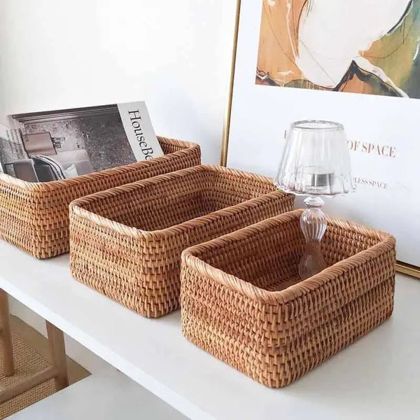 Handmade Rectangular Rattan Wicker Organizer Basket