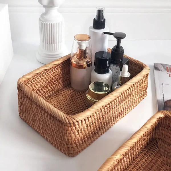 Handmade Rectangular Rattan Wicker Organizer Basket