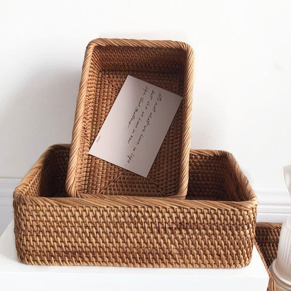 Handmade Rectangular Rattan Wicker Organizer Basket