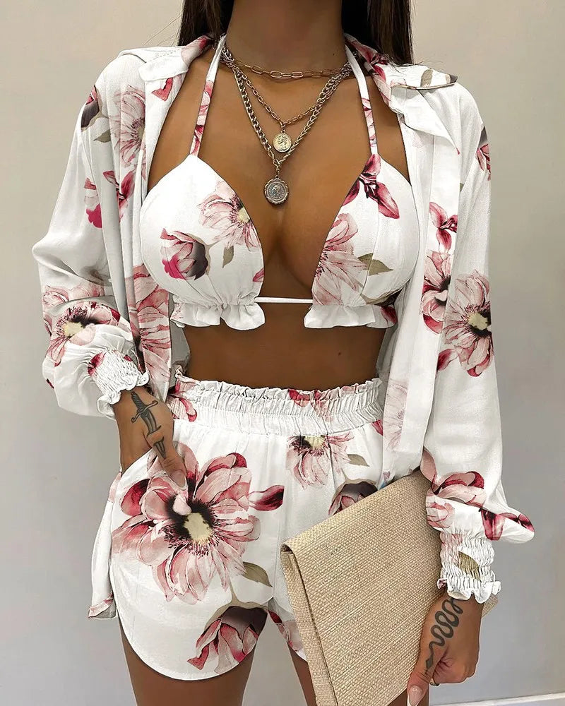 Conjunto Feminino de Biquíni com Kimono Floral