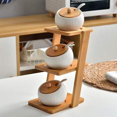 Recipiente de Condimento de Porcelana com Tampas de Bambu